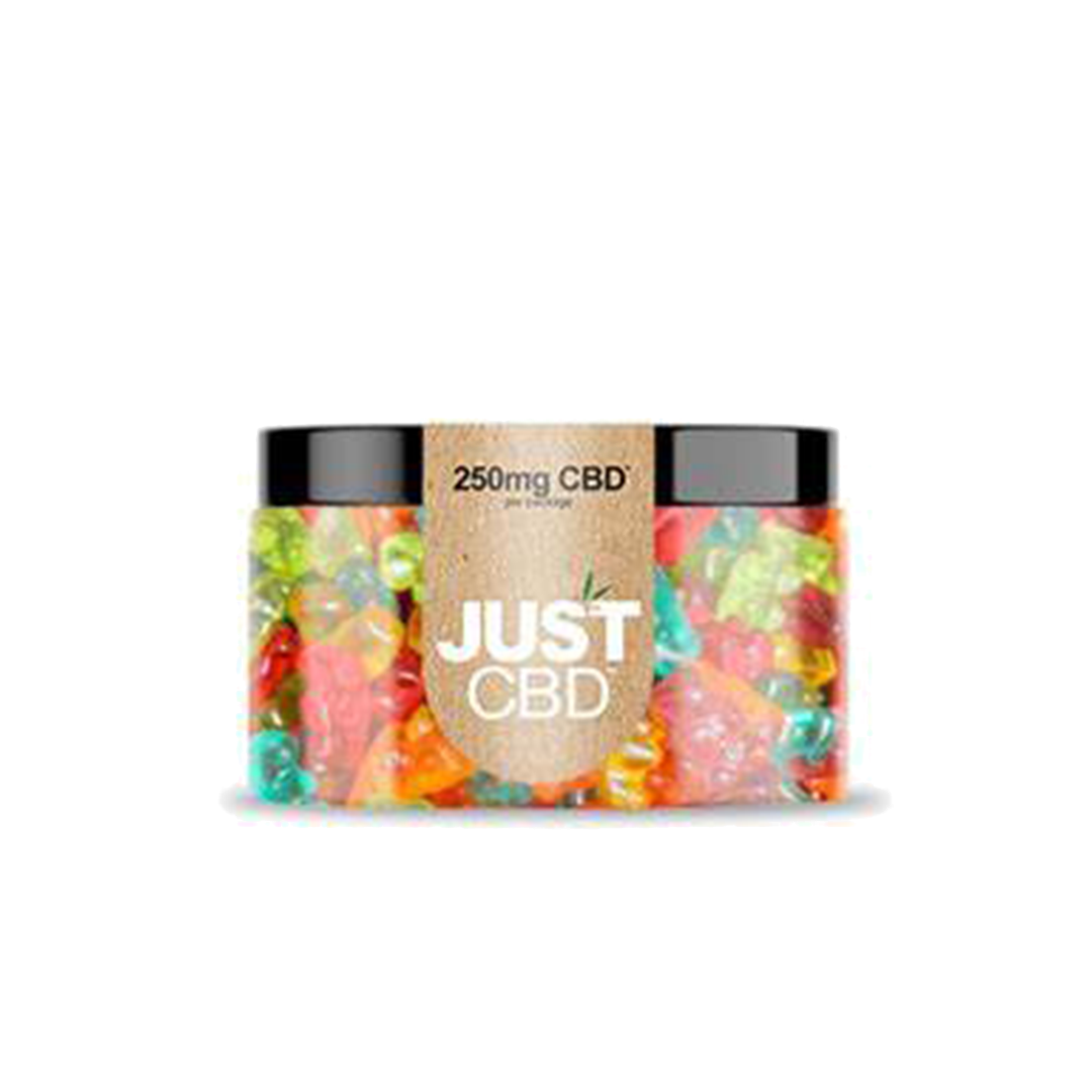 Jar of colorful gummy bears labeled 'Just CBD' on a white background