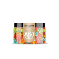 Jar of colorful gummy bears labeled 'Just CBD' on a white background