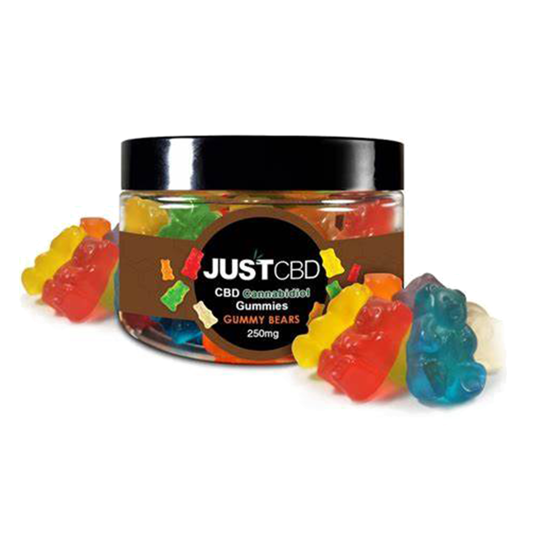 Jar of JustCBD gummy bears on a white background