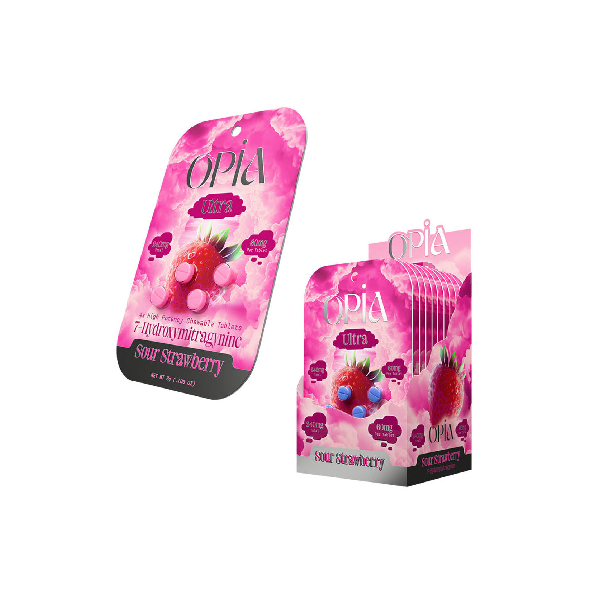 Opia Ultra Sour Strawberry – 7-Hydroxymitragynine Chewable Tablets (60mg per tablet, 240mg total)