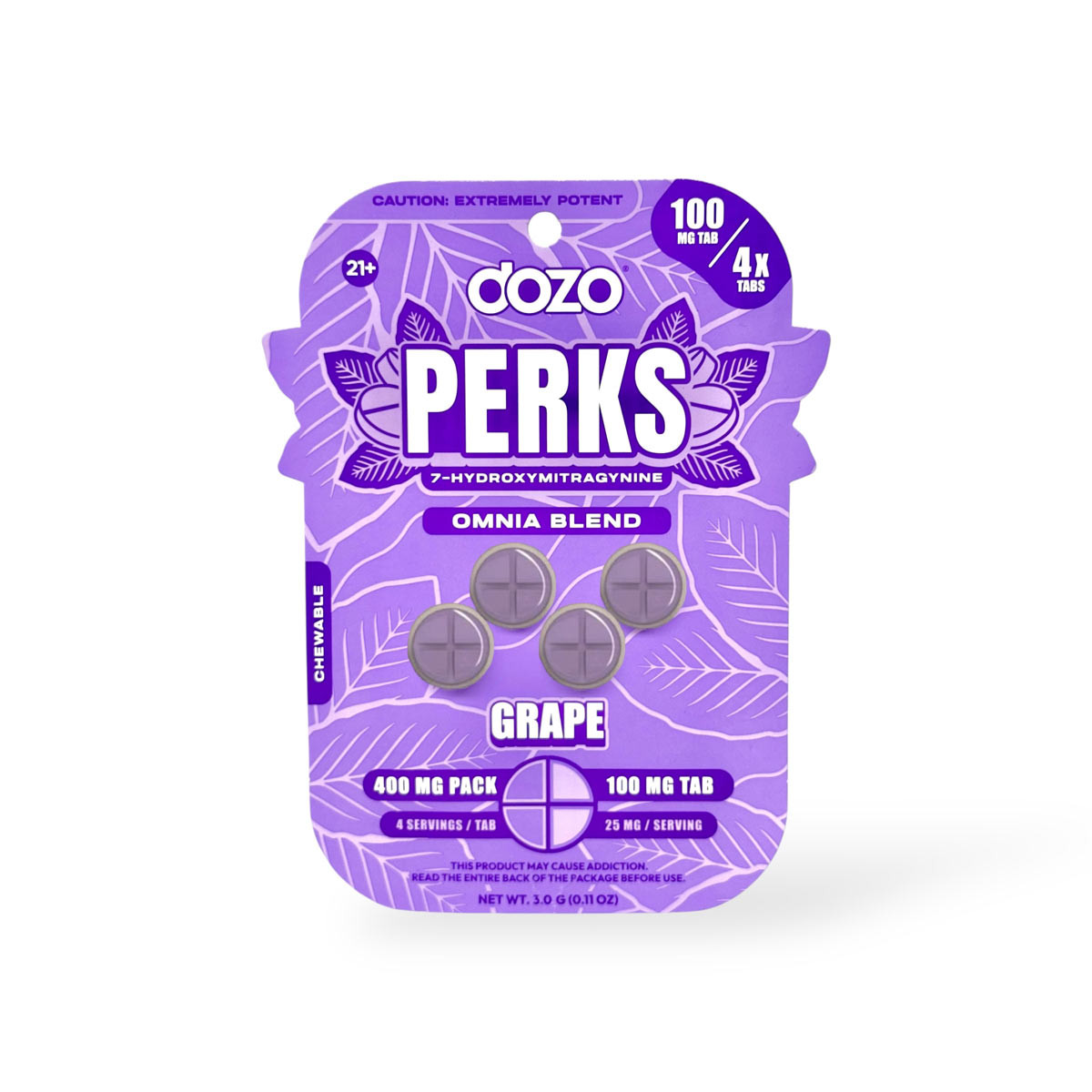 DOZO Perks Omnia Blend Grape Chewable Tablets – 7-Hydroxymitragynine (100mg tabs, 4 tablets, 400mg pack)