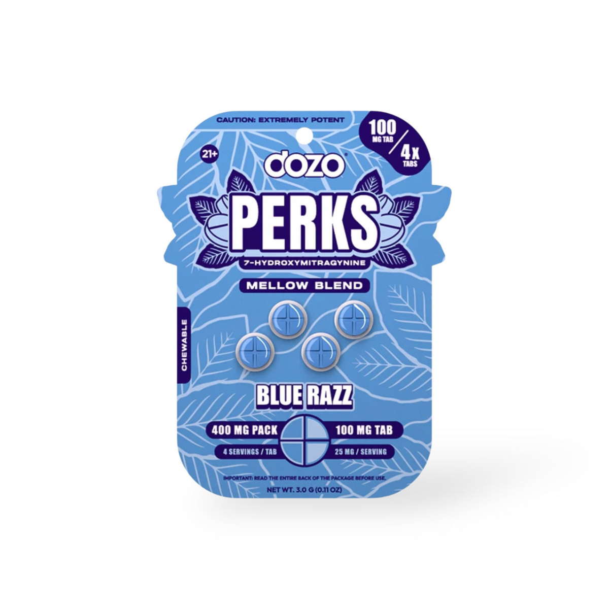 DOZO Perks Mellow Blend Blue Razz Chewable Tablets – 7-Hydroxymitragynine (100mg tabs, 4 tablets, 400mg pack)