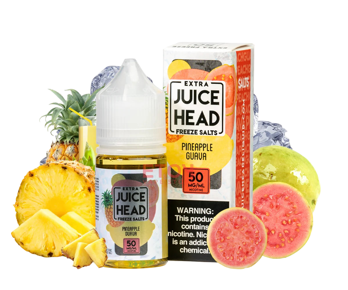 Extra Juice Head Pineapple Guava vape juice with pineapple and guava slices on a white background