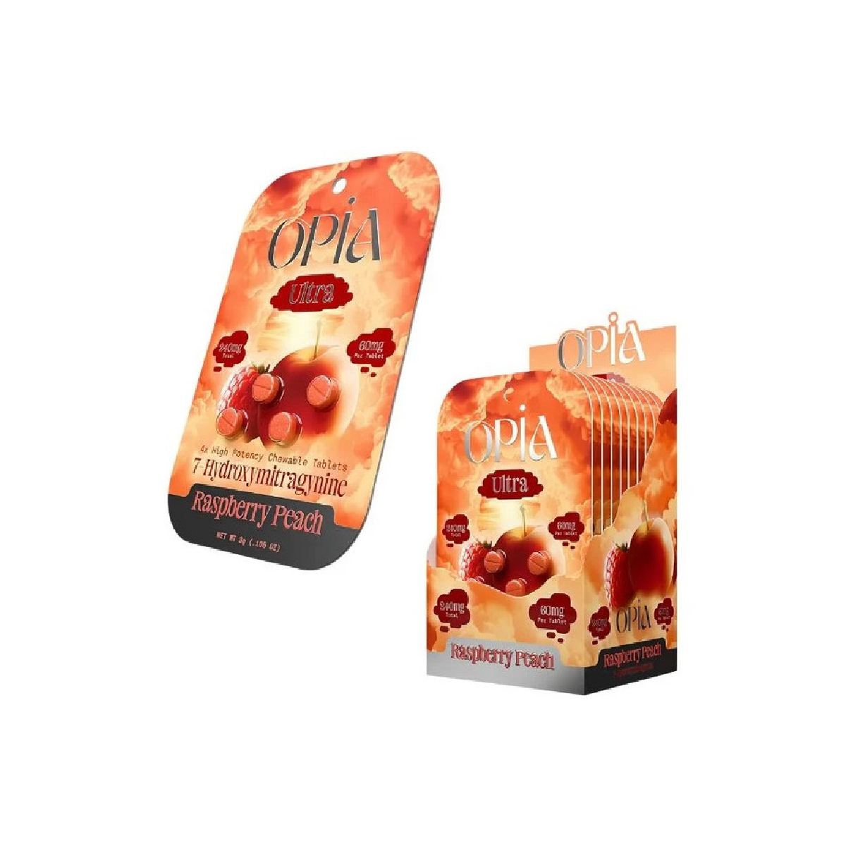 Opia Ultra Raspberry Peach – 7-Hydroxymitragynine Chewable Tablets (60mg per tablet, 240mg total)