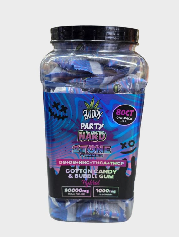 Buddy Party Hard 2tone Gummies D9+D8+Hhc+Thca+Thcp 1000mg Per Gummy/80ctjar - Assorted Flavors Cotton Candy Bubble Gum
