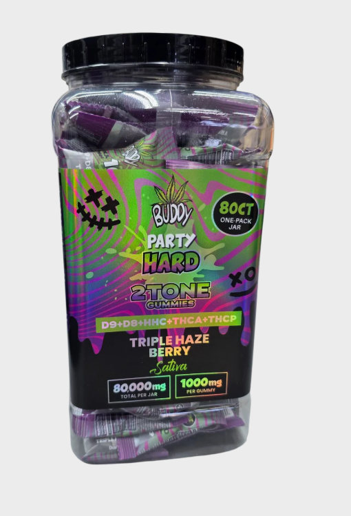 BUDDY PARTY HARD 2TONE GUMMIES D9+D8+HHC+THCA+THCP 1000MG PER GUMMY/80CTJAR - ASSORTED FLAVORS TRIPLE HAZE