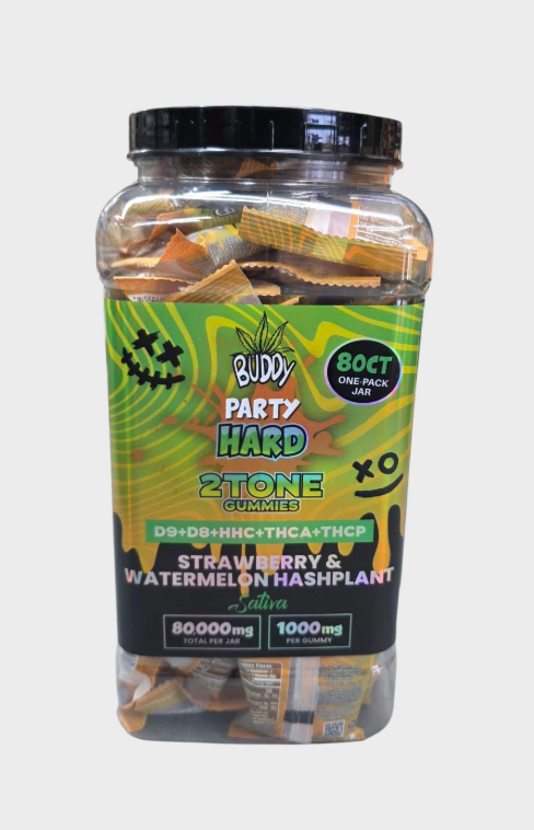 Buddy Party Hard 2tone Gummies D9+D8+Hhc+Thca+Thcp 1000mg Per Gummy/80ct jar - Assorted Flavors Strawberry Watermelon Hash Plant