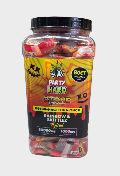 Buddy Party Hard 2tone Gummies D9+D8+Hhc+Thca+Thcp 1000mg Per Gummy/80ctjar - Assorted Flavors Rainbow & Skittlez