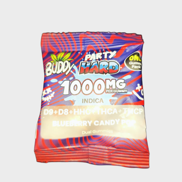 BUDDY PARTY HARD 2TONE GUMMIES D9+D8+HHC+THCA+THCP 1000MG PER GUMMY/80CTJAR - ASSORTED FLAVORS BLUEBERRY CANDY POP
