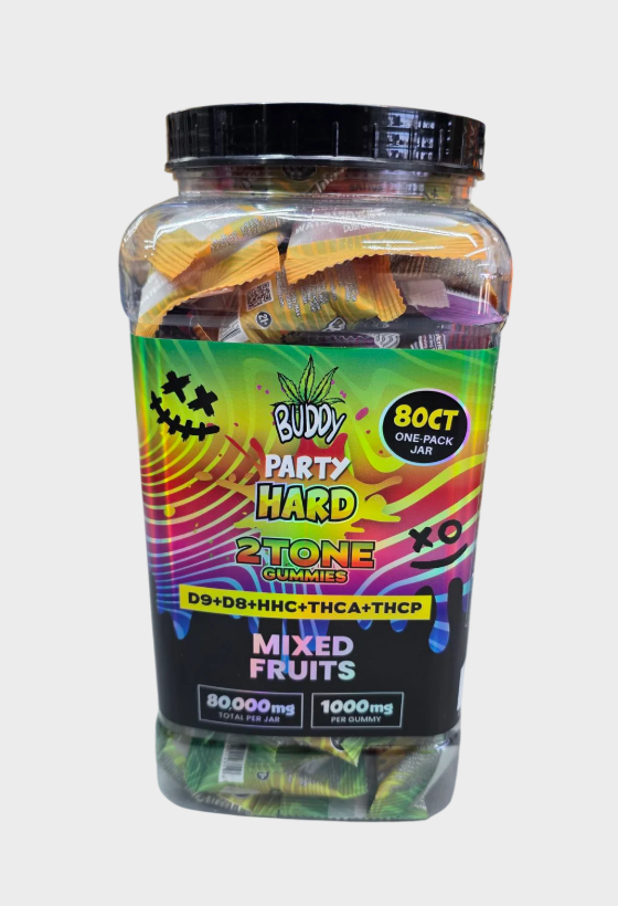 Buddy Party Hard 2tone Gummies D9+D8+Hhc+Thca+Thcp 1000mg Per Gummy/80ctjar - Assorted Flavors Mango Mania