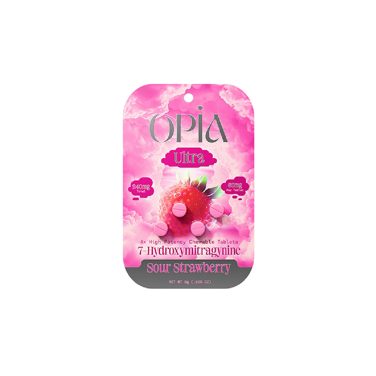 Opia Ultra Sour Strawberry – 7-Hydroxymitragynine Chewable Tablets (60mg per tablet, 240mg total)