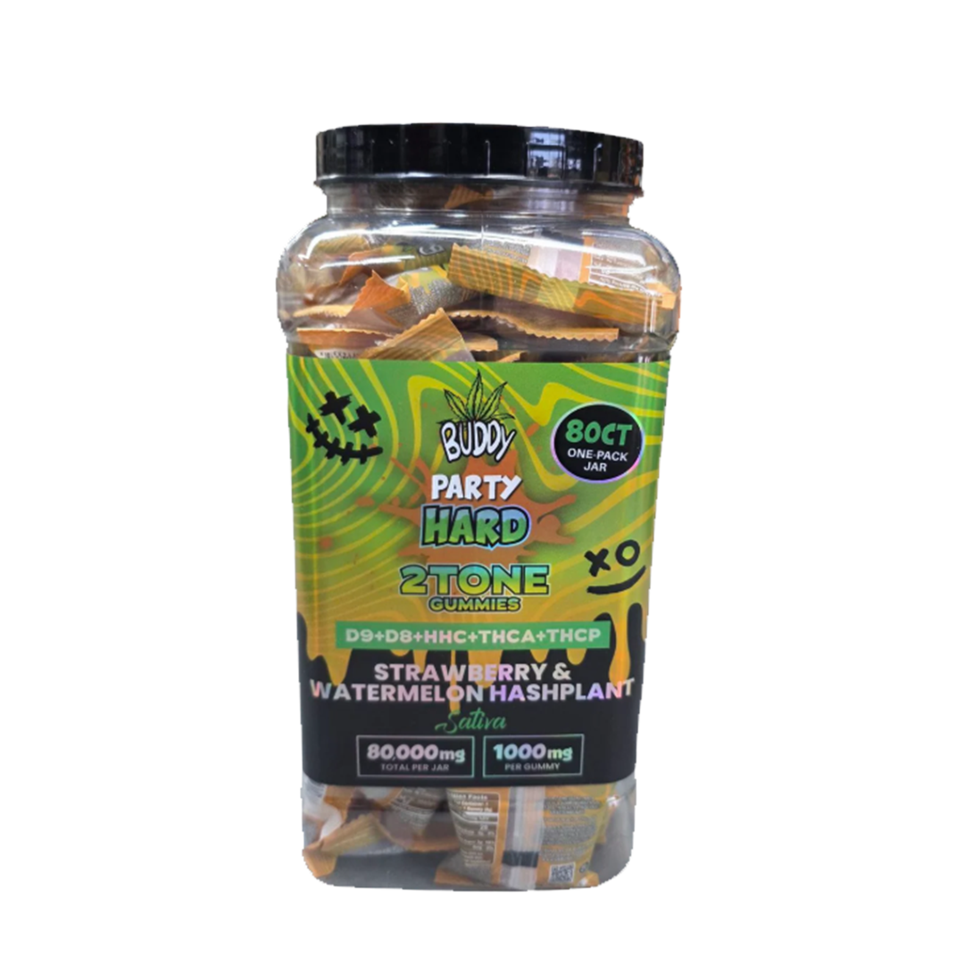 Buddy Party Hard 2tone Gummies D9+D8+Hhc+Thca+Thcp 1000mg Per Gummy/80ct jar - Assorted Flavors Strawberry Watermelon Hash Plant