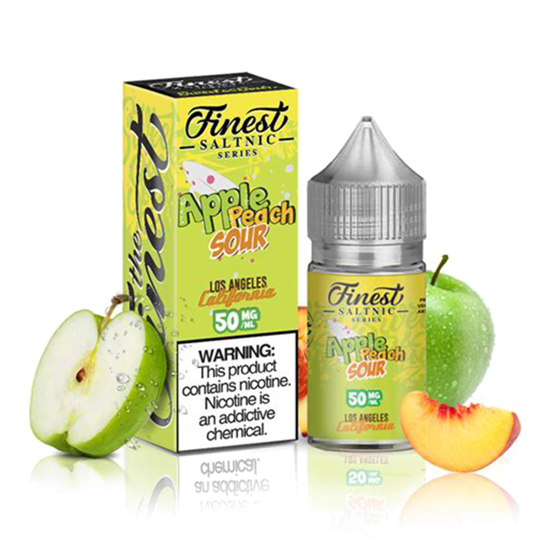 Finest Saltnic Apple Peach Sour e-liquid packaging with apples and peach slices on a white background