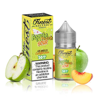 Finest Saltnic Apple Peach Sour e-liquid packaging with apples and peach slices on a white background