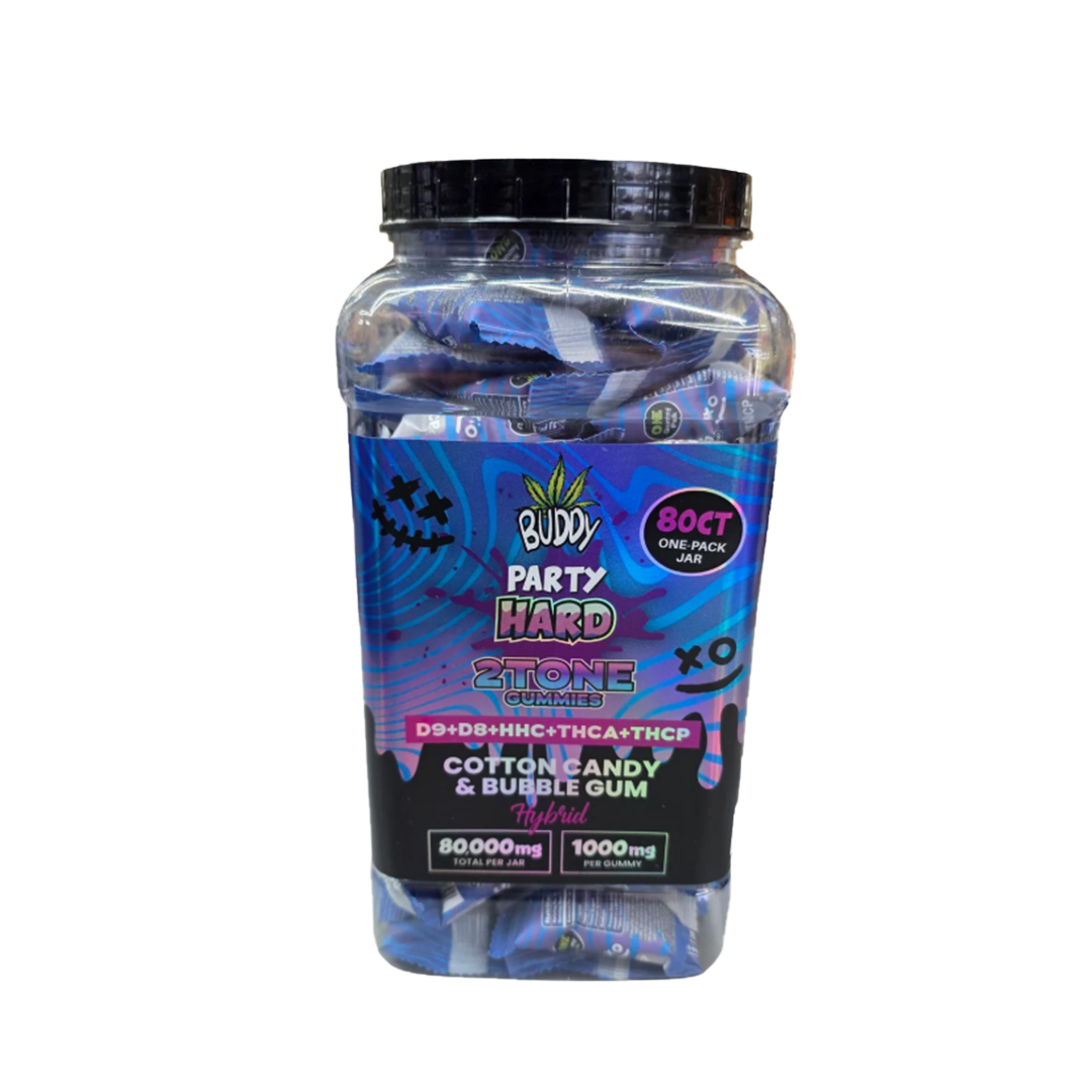 BUDDY PARTY HARD 2TONE GUMMIES D9+D8+HHC+THCA+THCP 1000MG PER GUMMY/80CTJAR - ASSORTED FLAVORS TRIPLE HAZE