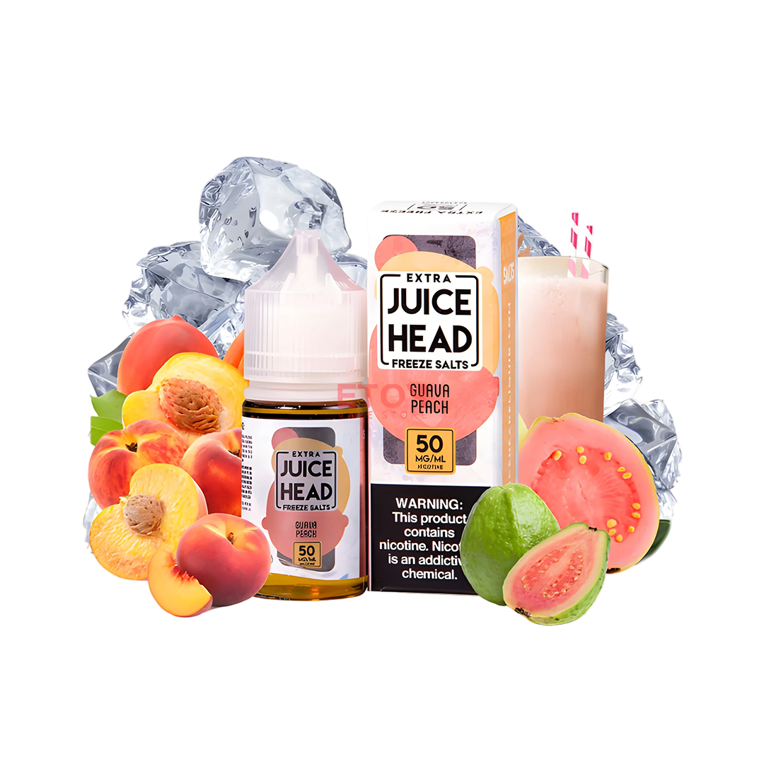 Juice Head vape juice packaging with fruits and ice cubes on a white background
