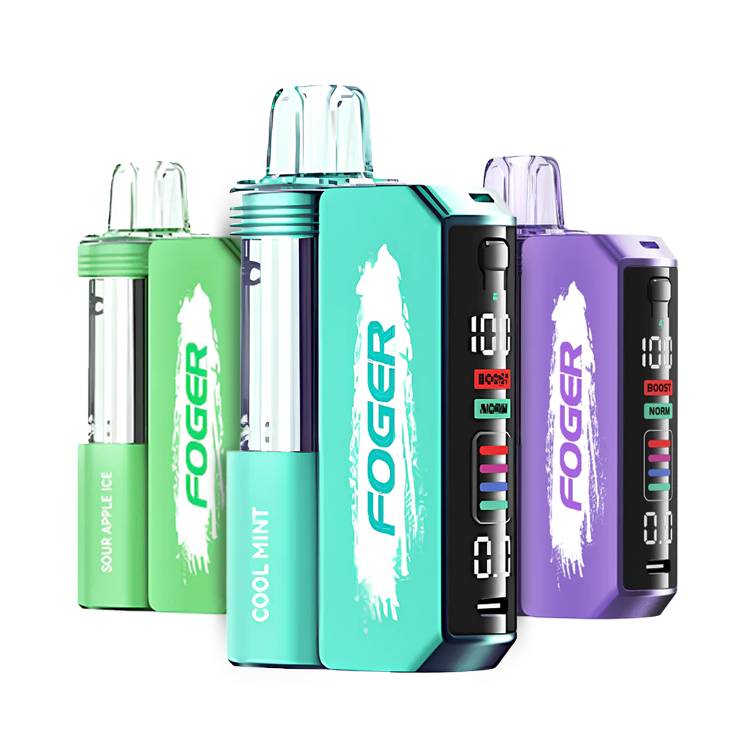 FOGER vape devices in various colors on a white background