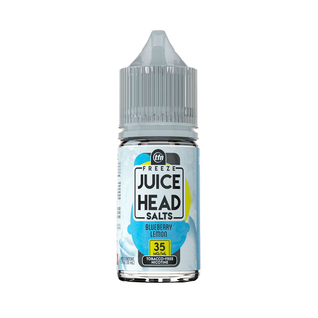 Bottle of Juice Head Salts Freeze Blueberry Lemon e-liquid on a white background
