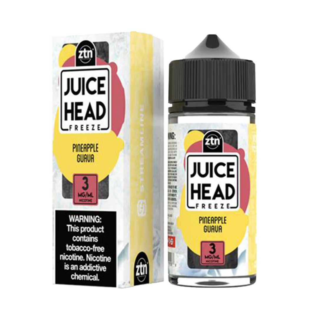 Juice Head Freeze Pineapple Guava e-liquid bottle and packaging on a white background
