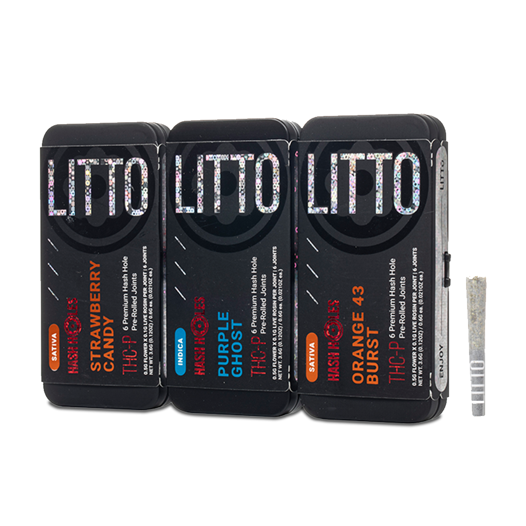 Three LITTO vape devices with different flavors on a white background