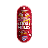 Red packaging of Hash Holes exotic flowers with colorful text and graphics on a white background