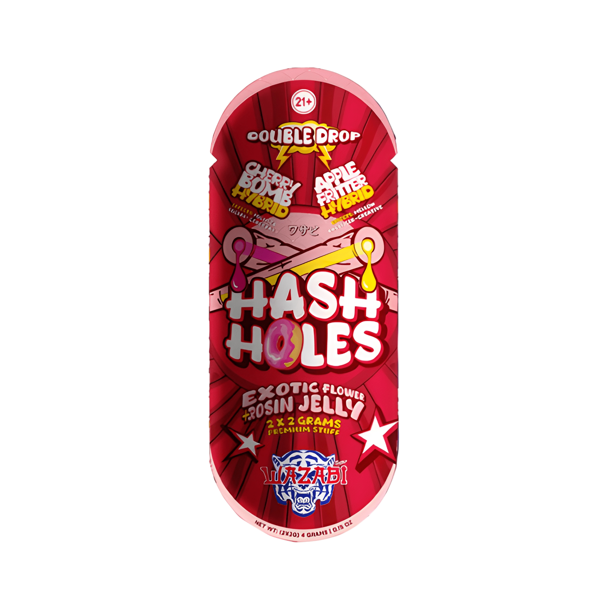 Red packaging of Hash Holes exotic flowers with colorful text and graphics on a white background